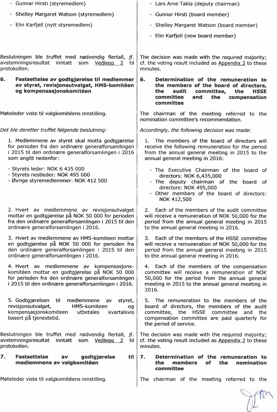 Fastsettelse av godtgjørelse til medlemmer av styret, revisjonsutvalget, HMS-komiteen og kompensasjonskomiteen Møteleder viste til valgkomiteens innstilling.