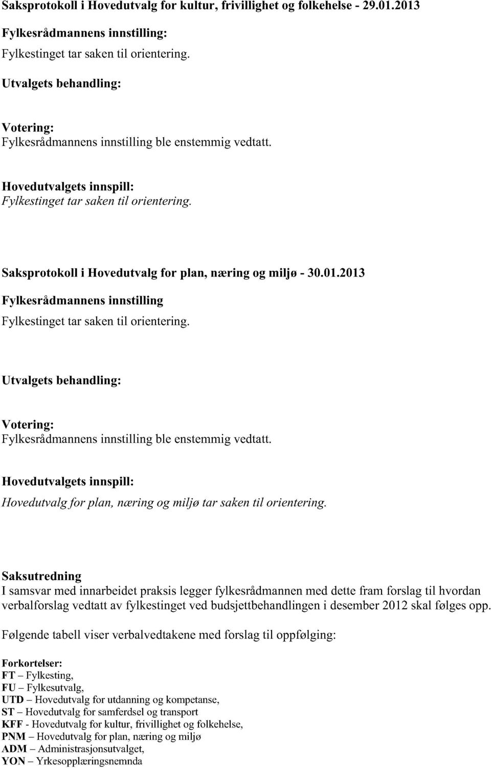 Saksprotokoll i Hovedutvalg for plan,næring og miljø - 30.01.2013 Fylkesrådmannensinnstilling Fylkestingettar sakentil orientering.