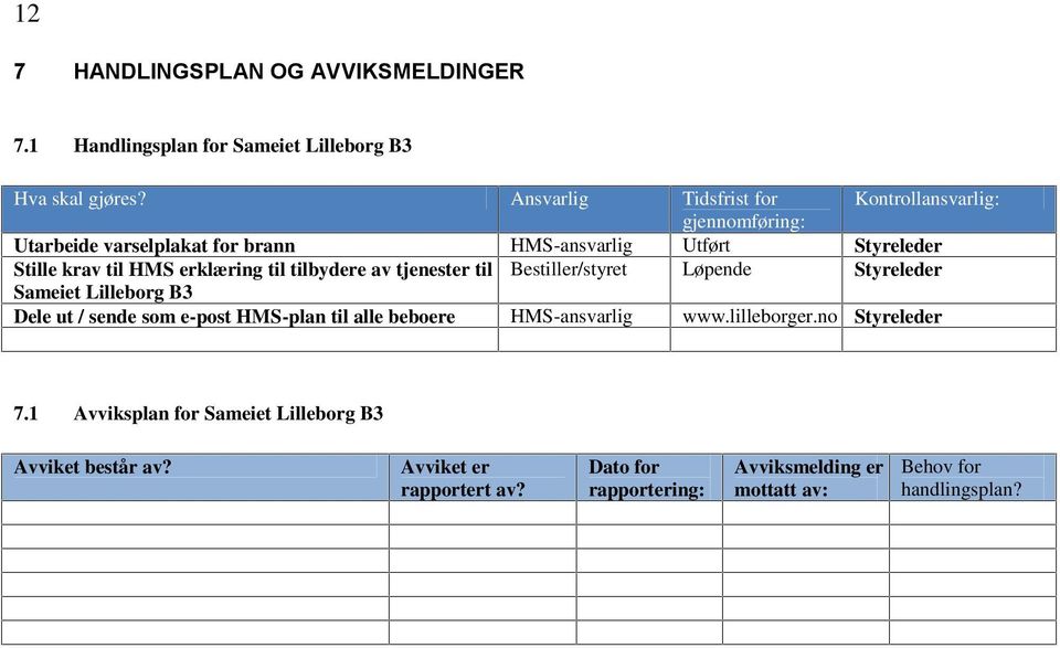 erklæring til tilbydere av tjenester til Bestiller/styret Løpende Styreleder Sameiet Lilleborg B3 Dele ut / sende som e-post HMS-plan til alle