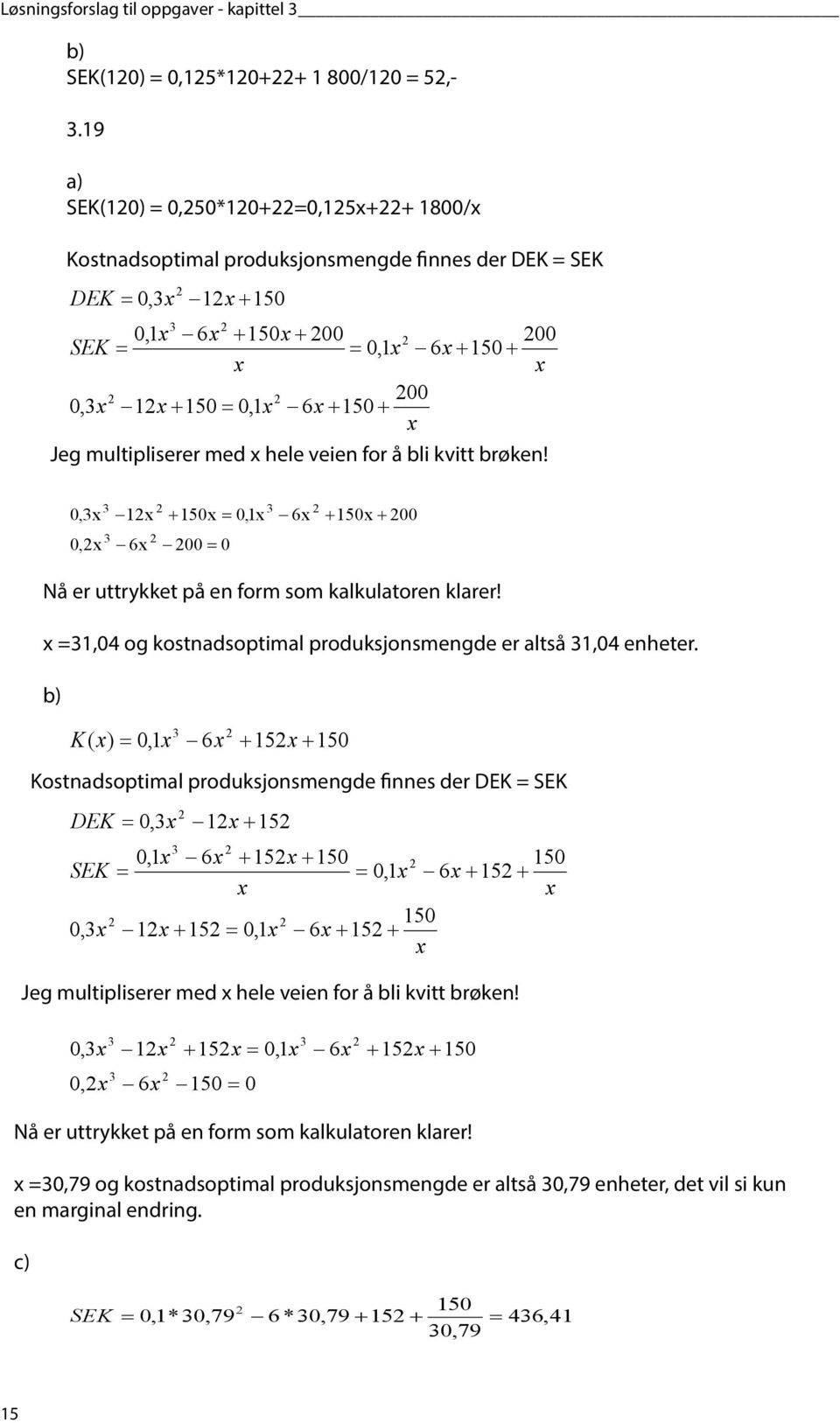 brøken!,3, 3 3 1 6 + 15 =,1 = 3 6 + 15 + Nå er uttrykket på en form som kalkulatoren klarer! =31,4 og kostnadsoptimal produksjonsmengde er altså 31,4 enheter.