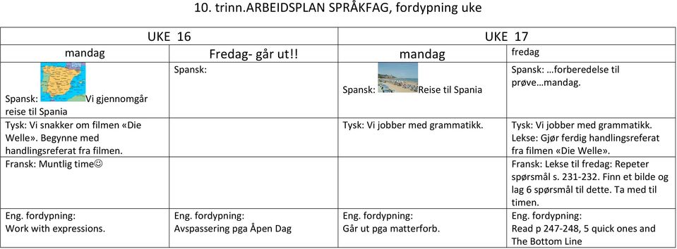 fordypning: Avspassering pga Åpen Dag Spansk: Reise til Spania Tysk: Vi jobber med grammatikk. Eng. fordypning: Går ut pga matterforb. Spansk: forberedelse til prøve mandag.