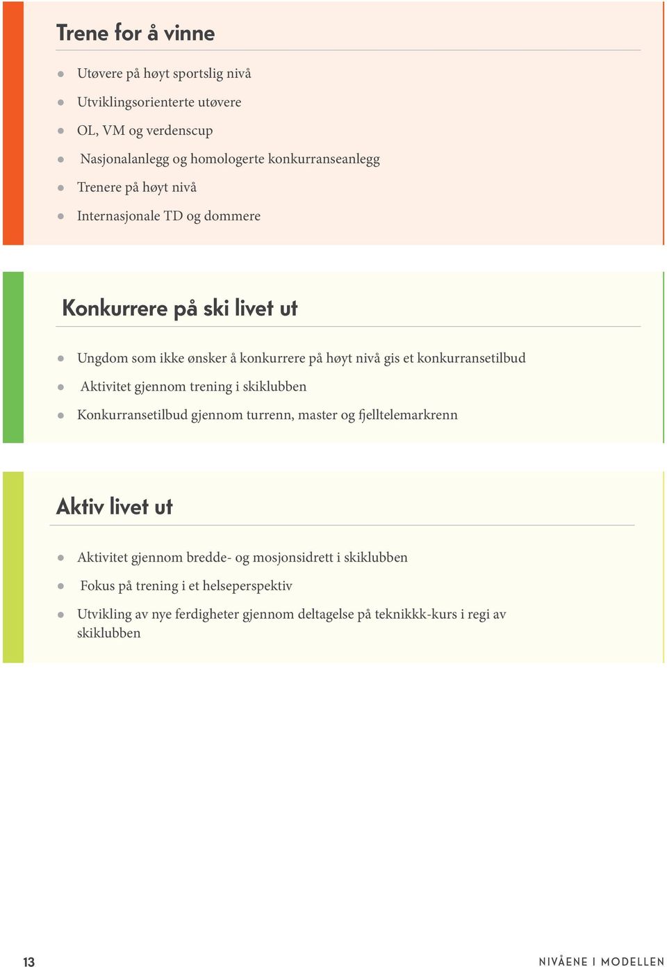 Aktivitet gjennom trening i skiklubben Konkurransetilbud gjennom turrenn, master og fjelltelemarkrenn Aktiv livet ut Aktivitet gjennom bredde- og