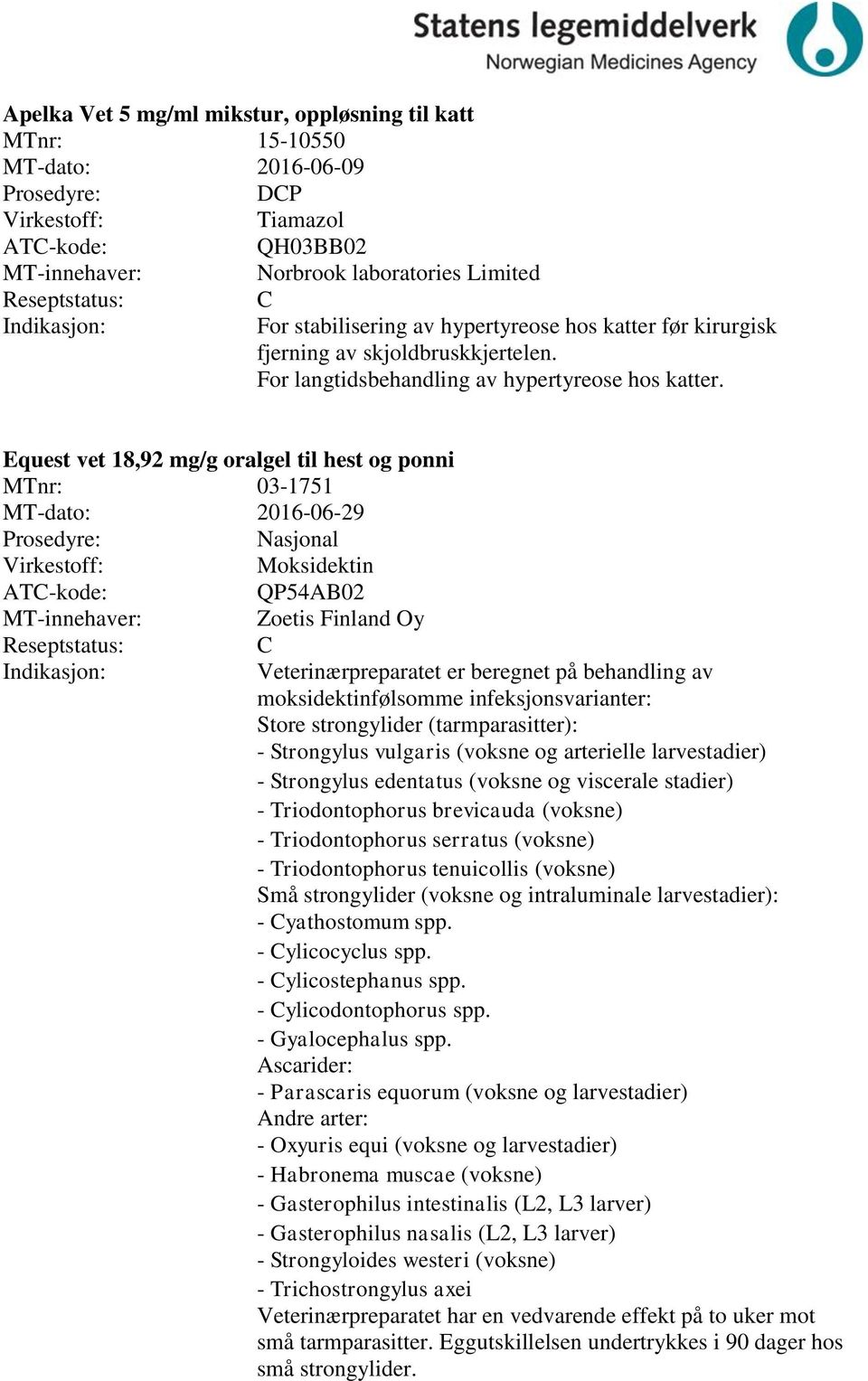 Equest vet 18,92 mg/g oralgel til hest og ponni MTnr: 03-1751 MT-dato: 2016-06-29 Moksidektin QP54AB02 Zoetis Finland Oy Veterinærpreparatet er beregnet på behandling av moksidektinfølsomme