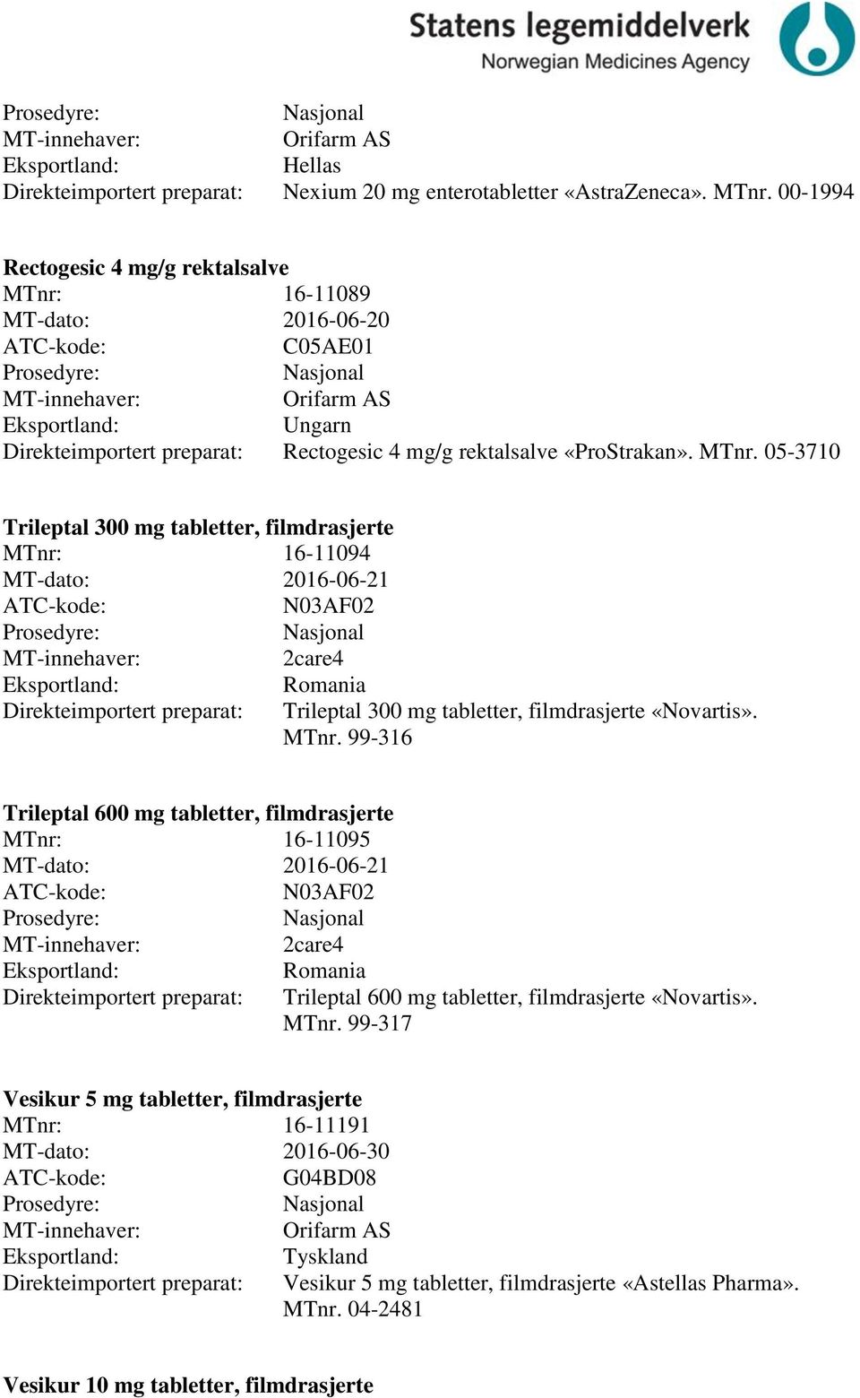 16-11089 MT-dato: 2016-06-20 05AE01 Orifarm AS Eksportland: Ungarn Direkteimportert preparat: Rectogesic 4 mg/g rektalsalve «ProStrakan». MTnr.