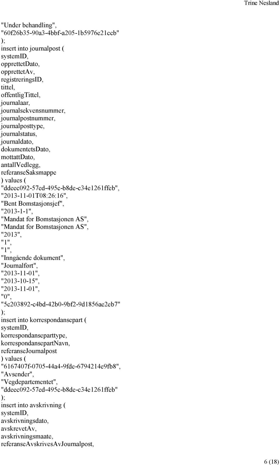"Mandat for Bomstasjonen AS", "2013", "Inngående dokument", "Journalført", "2013-10-15", "0", "5c203892-c4bd-42b0-9bf2-9d1856ae2eb7" insert into korrespondansepart ( korrespondanseparttype,