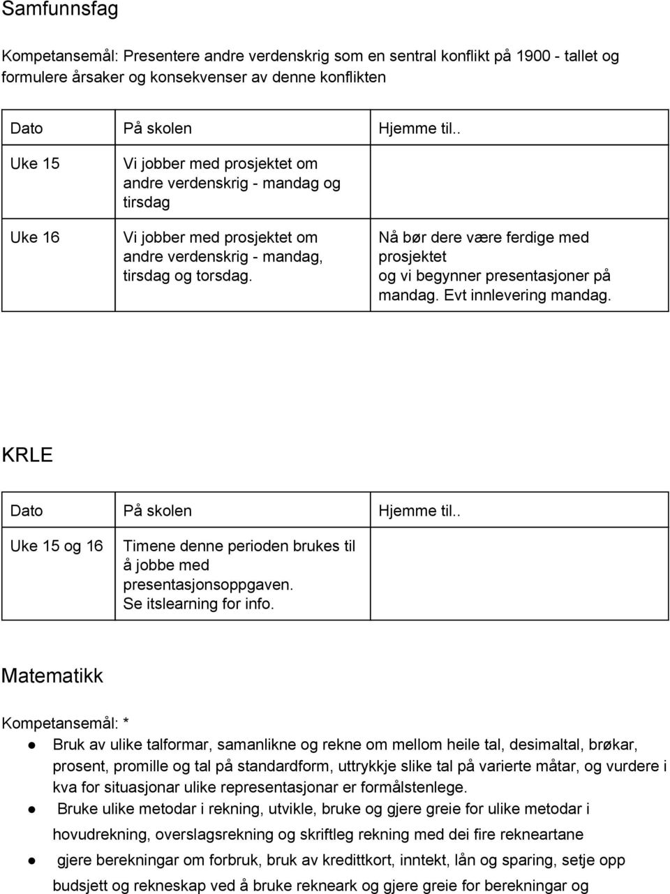 Evt innlevering mandag. KRLE Uke 15 og 16 Timene denne perioden brukes til å jobbe med presentasjonsoppgaven. Se itslearning for info.