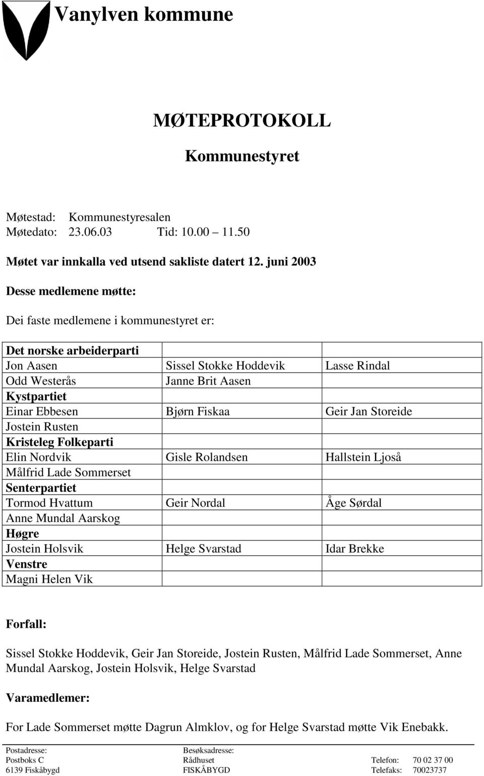 Bjørn Fiskaa Geir Jan Storeide Jostein Rusten Kristeleg Folkeparti Elin Nordvik Gisle Rolandsen Hallstein Ljoså Målfrid Lade Sommerset Senterpartiet Tormod Hvattum Geir Nordal Åge Sørdal Anne Mundal