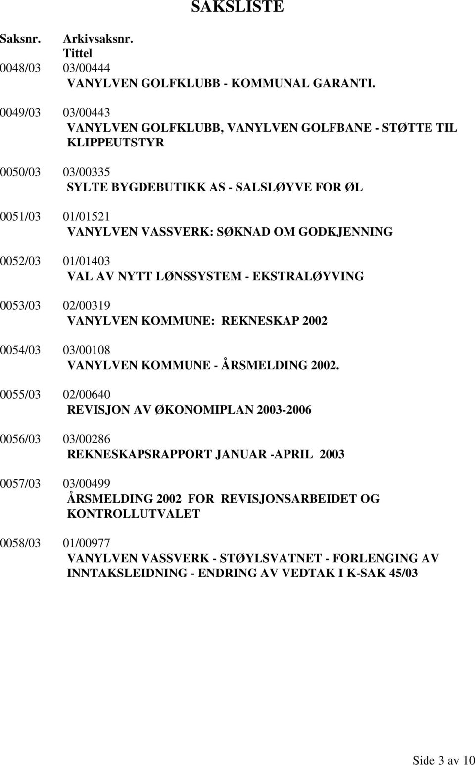 GODKJENNING 0052/03 01/01403 VAL AV NYTT LØNSSYSTEM - EKSTRALØYVING 0053/03 02/00319 VANYLVEN KOMMUNE: REKNESKAP 2002 0054/03 03/00108 VANYLVEN KOMMUNE - ÅRSMELDING 2002.