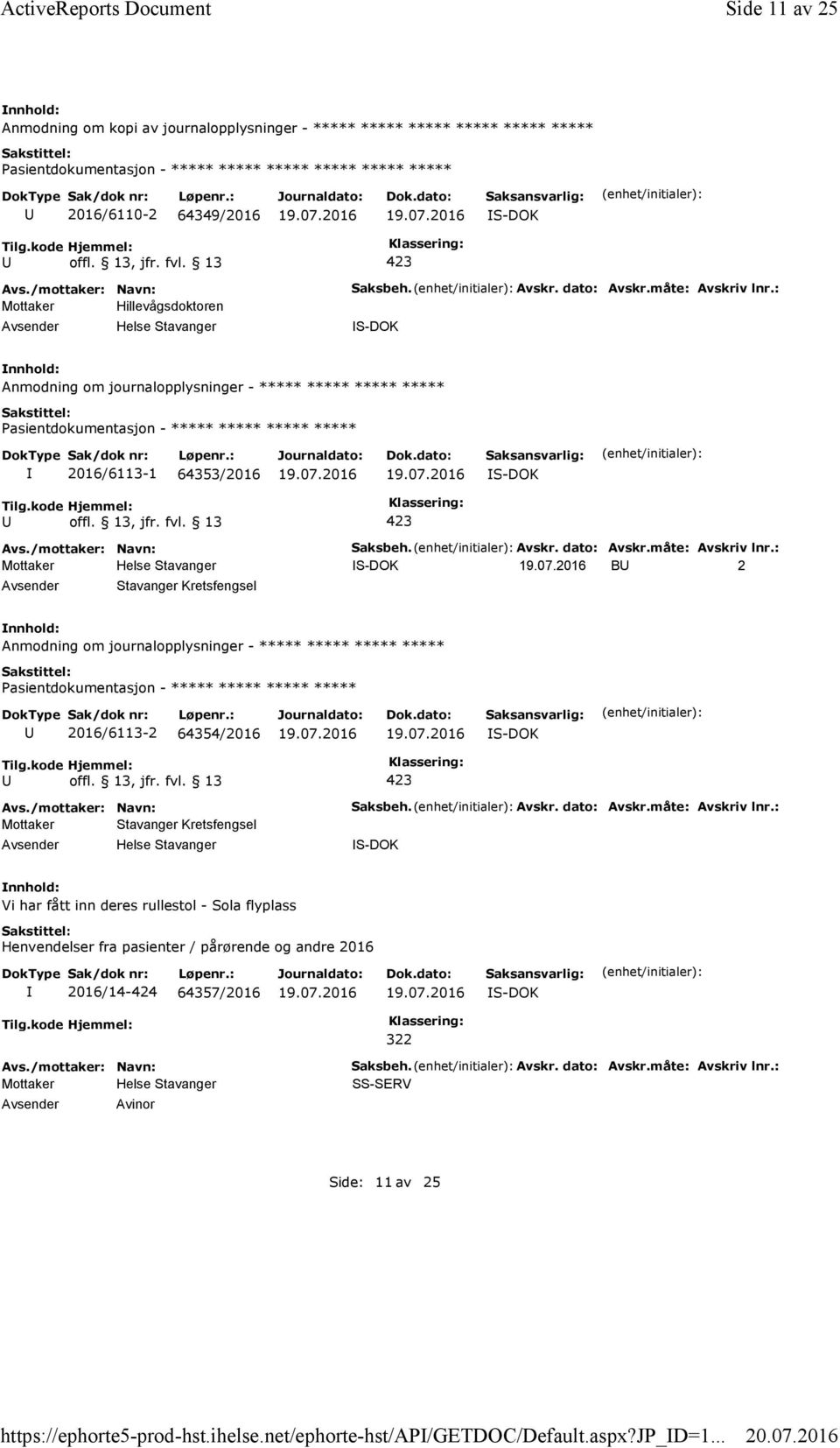 måte: Avskriv lnr.: Anmodning om journalopplysninger - ***** ***** ***** ***** 2016/6113-1 64353/2016 Saksbeh. Avskr. dato: Avskr.måte: Avskriv lnr.: B 2 Stavanger Kretsfengsel Anmodning om journalopplysninger - ***** ***** ***** ***** 2016/6113-2 64354/2016 Mottaker Stavanger Kretsfengsel Helse Stavanger Saksbeh.