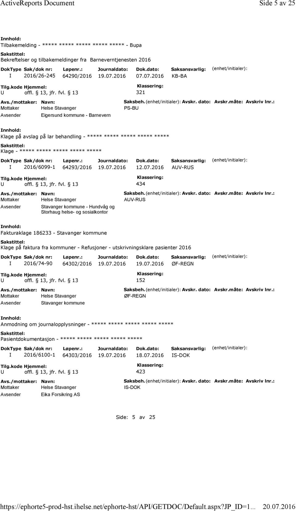 07.2016 KB-BA 321 Eigersund kommune - Barnevern Saksbeh. Avskr. dato: Avskr.måte: Avskriv lnr.