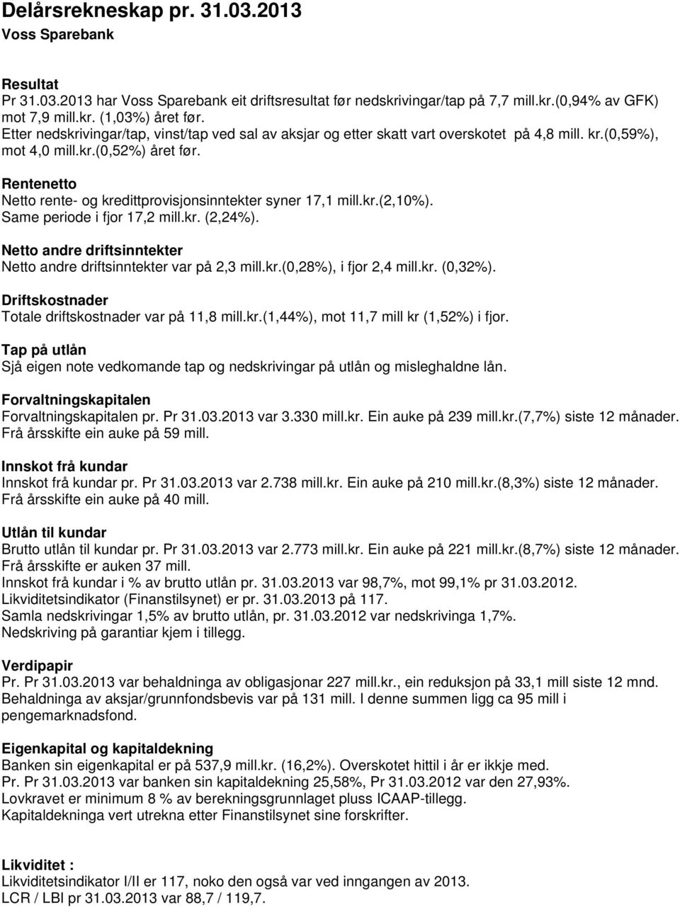 Rentenetto Netto rente- og kredittprovisjonsinntekter syner 17,1 mill.kr.(2,10%). Same periode i fjor 17,2 mill.kr. (2,24%). Netto andre driftsinntekter Netto andre driftsinntekter var på 2,3 mill.kr.(0,28%), i fjor 2,4 mill.