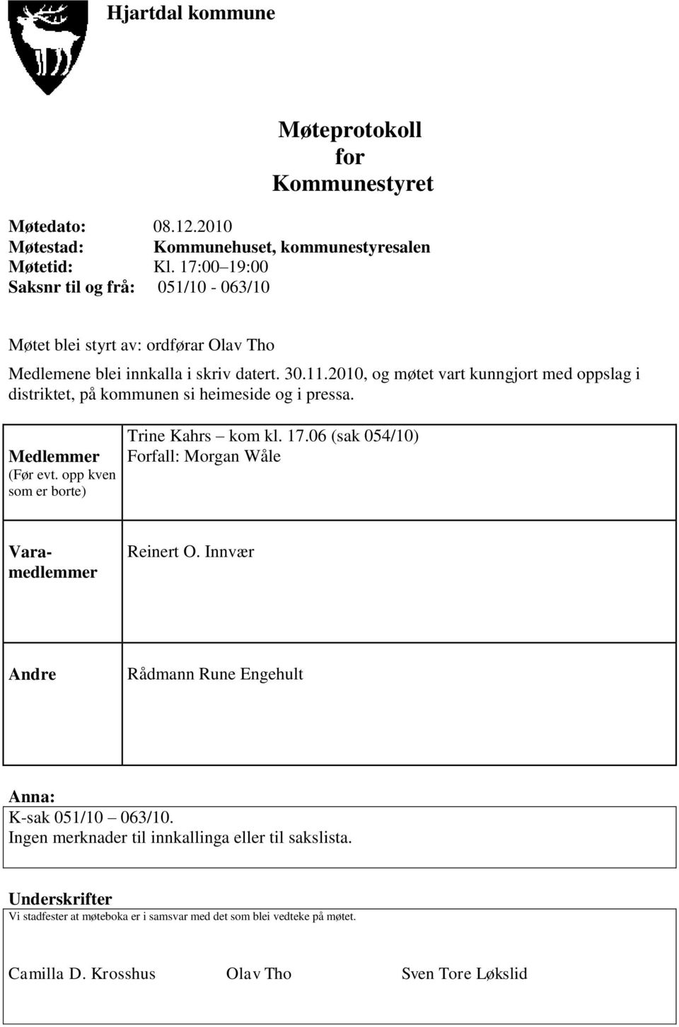 2010, og møtet vart kunngjort med oppslag i distriktet, på kommunen si heimeside og i pressa. Medlemmer (Før evt. opp kven som er borte) Trine Kahrs kom kl. 17.