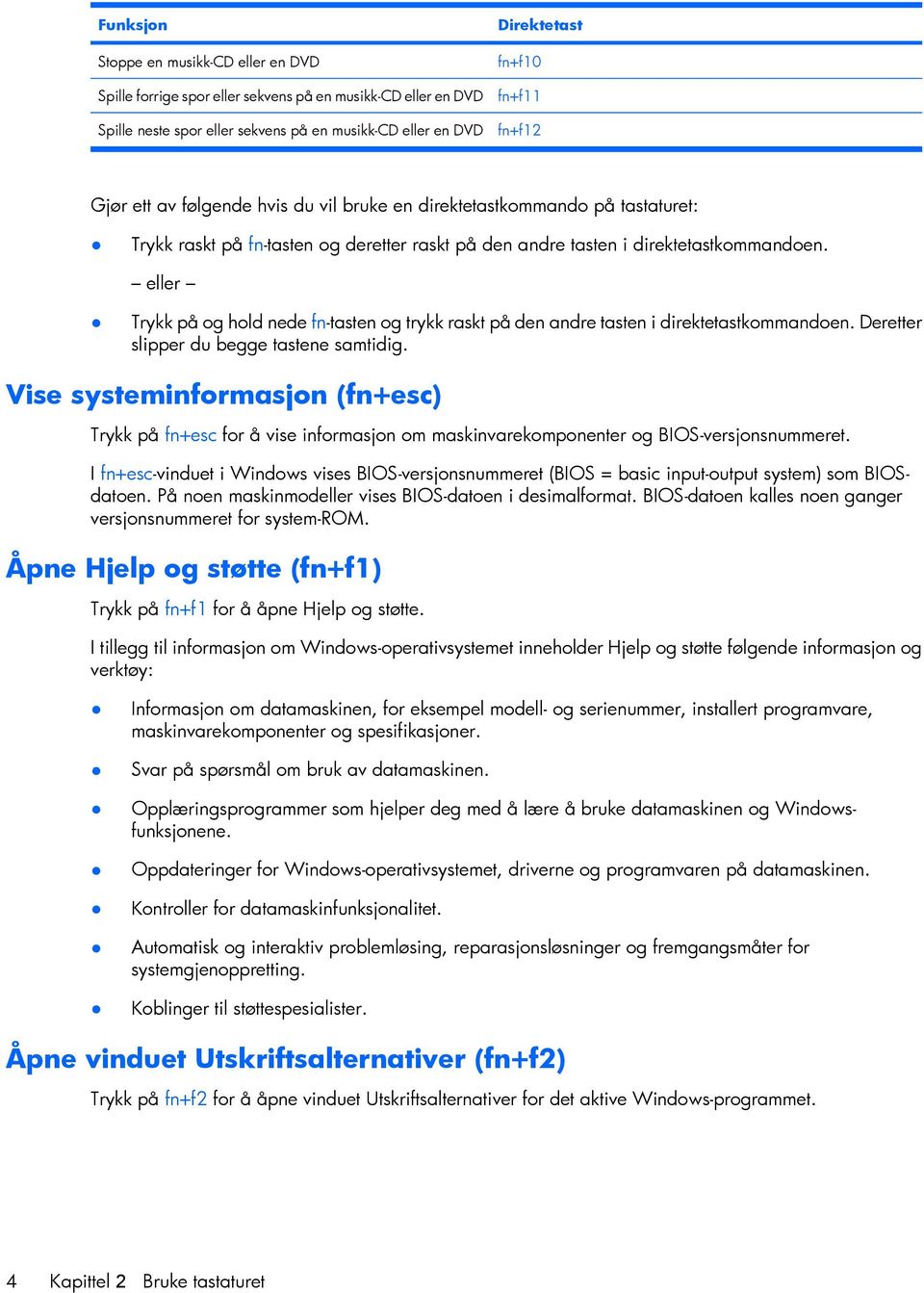 eller Trykk på og hold nede fn-tasten og trykk raskt på den andre tasten i direktetastkommandoen. Deretter slipper du begge tastene samtidig.