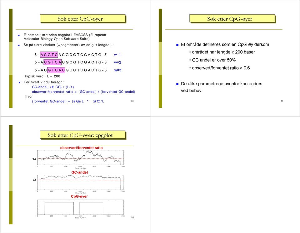 dersom området har lengde 200 baser GC andel er over 0% observert/forventet ratio > 0.