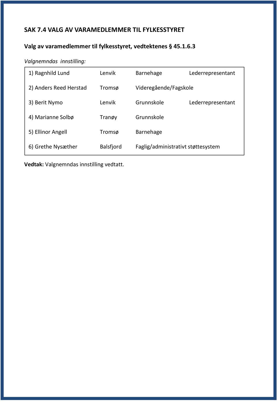 Videregående/Fagskole 3) Berit Nymo Lenvik Grunnskole Lederrepresentant 4) Marianne Solbø Tranøy Grunnskole 5)