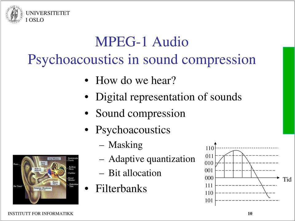 Masking Adaptive quantization Bit allocation Filterbanks 110 011