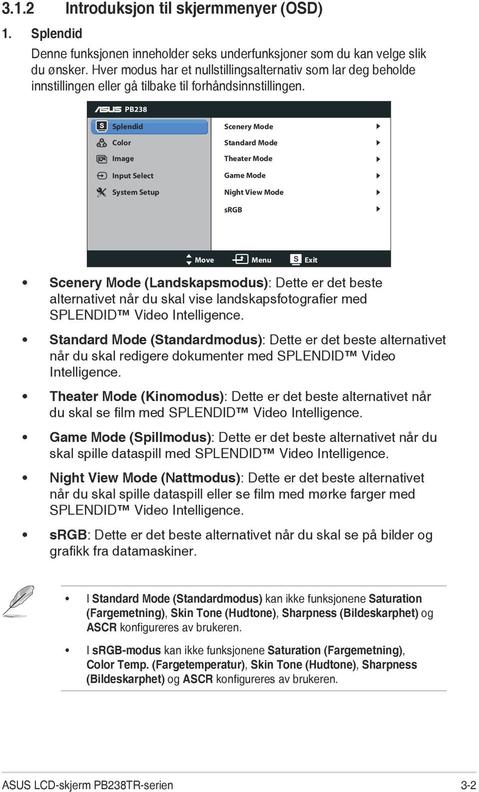 PB238 Splendid Color Image Input Select System Setup Scenery Mode Standard Mode Theater Mode Game Mode Night View Mode srgb Move Menu Exit Scenery Mode (Landskapsmodus): Dette er det beste