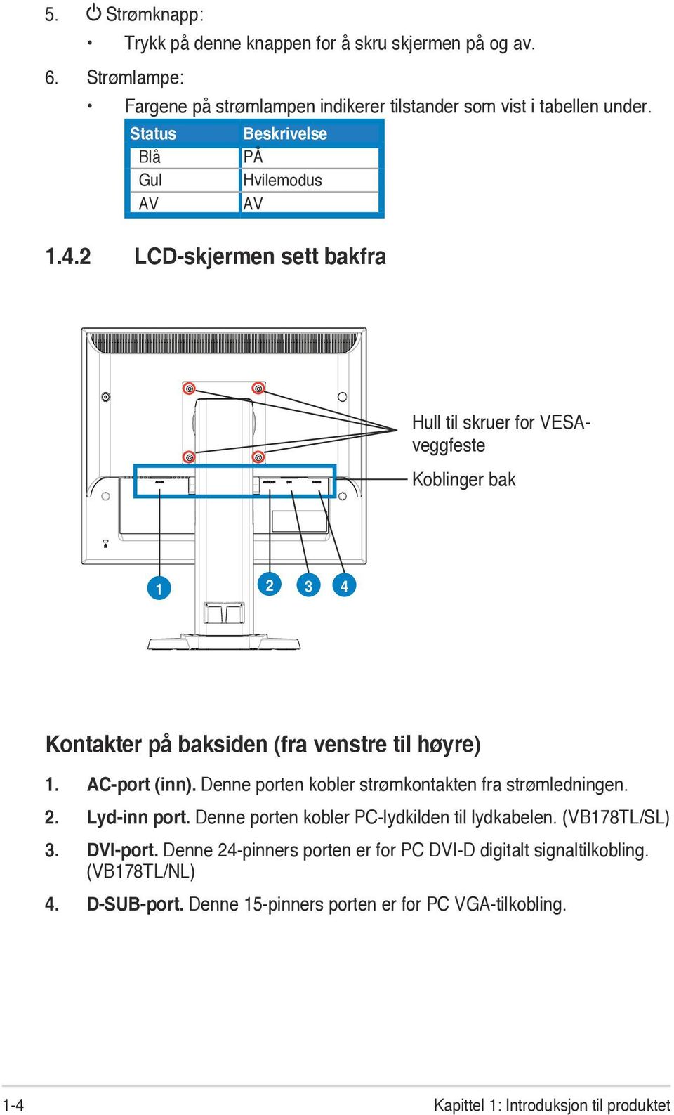 2 LCD-skjermen sett bakfra Hull til skruer for VESAveggfeste Koblinger bak 1 2 3 4 Kontakter på baksiden (fra venstre til høyre) 1. AC-port (inn).