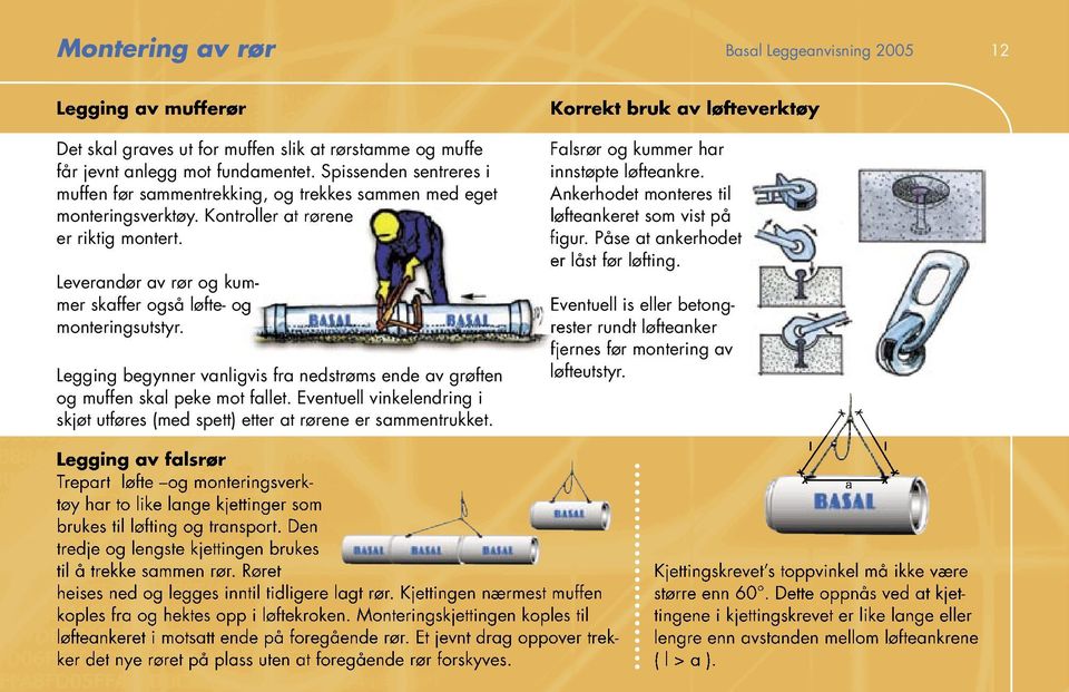 Leverandør av rør og kum- mer skaffer også løfte- og monteringsutstyr. Legging begynner vanligvis fra nedstrøms ende av grøften og muffen skal peke mot fallet.