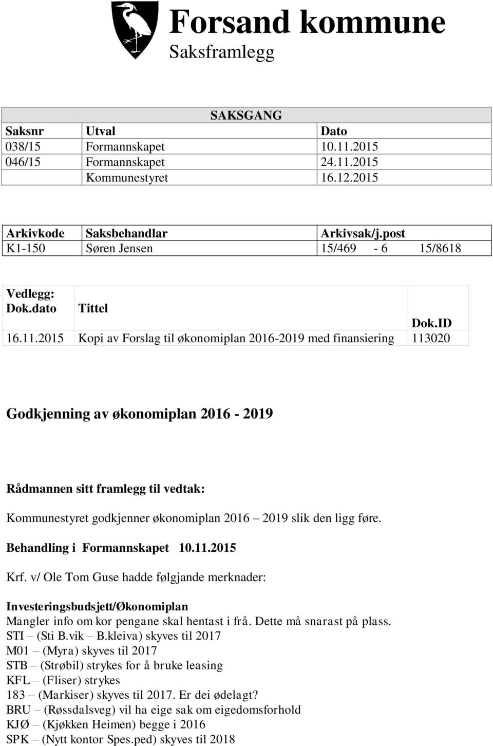 2015 Kopi av Forslag til økonomiplan 2016-2019 med finansiering 113020 Godkjenning av økonomiplan 2016-2019 Rådmannen sitt framlegg til vedtak: Kommunestyret godkjenner økonomiplan 2016 2019 slik den