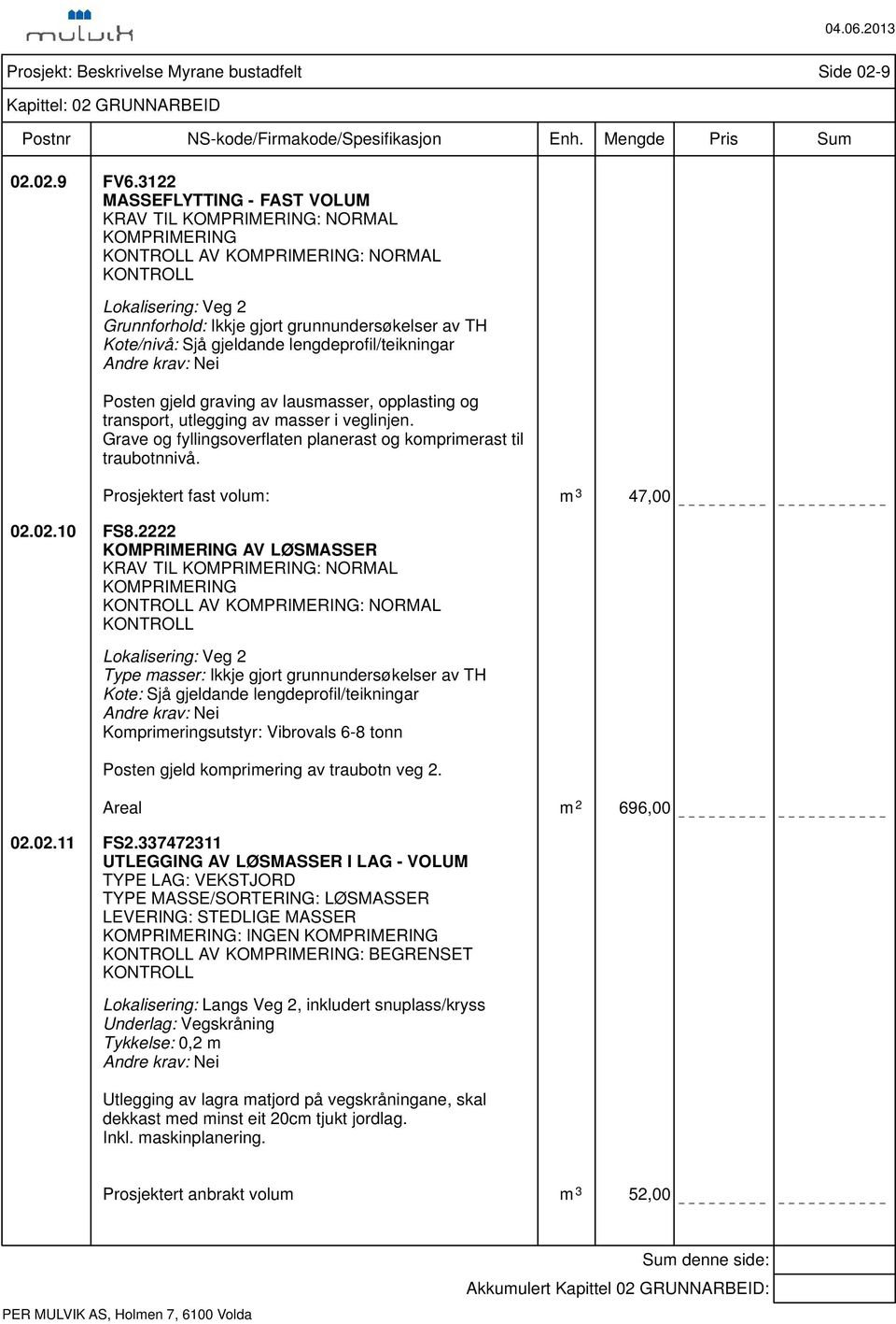 Sjå gjeldande lengdeprofil/teikningar Posten gjeld graving av lausmasser, opplasting og transport, utlegging av masser i veglinjen.