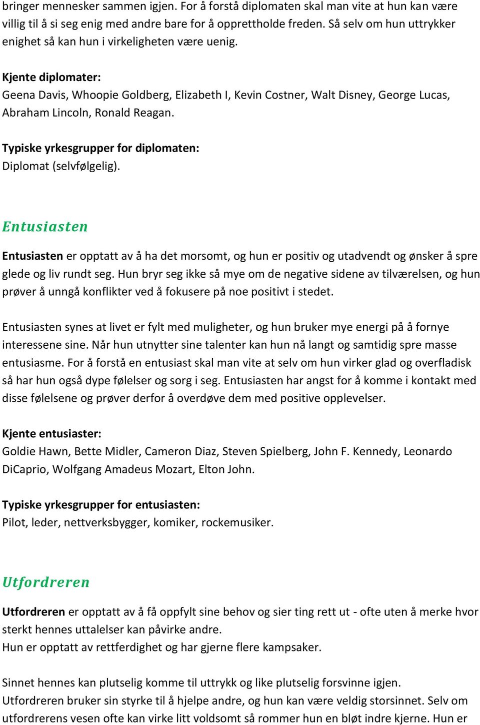 Kjente diplomater: Geena Davis, Whoopie Goldberg, Elizabeth I, Kevin Costner, Walt Disney, George Lucas, Abraham Lincoln, Ronald Reagan. Typiske yrkesgrupper for diplomaten: Diplomat (selvfølgelig).