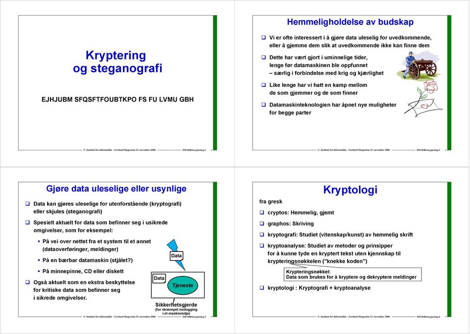 som finner Datamaskinteknologien har åpnet nye muligheter for begge parter INF1040-kryptering-1 INF1040-kryptering-2 Gjøre data uleselige eller usynlige Data kan gjøres uleselige for utenforstående