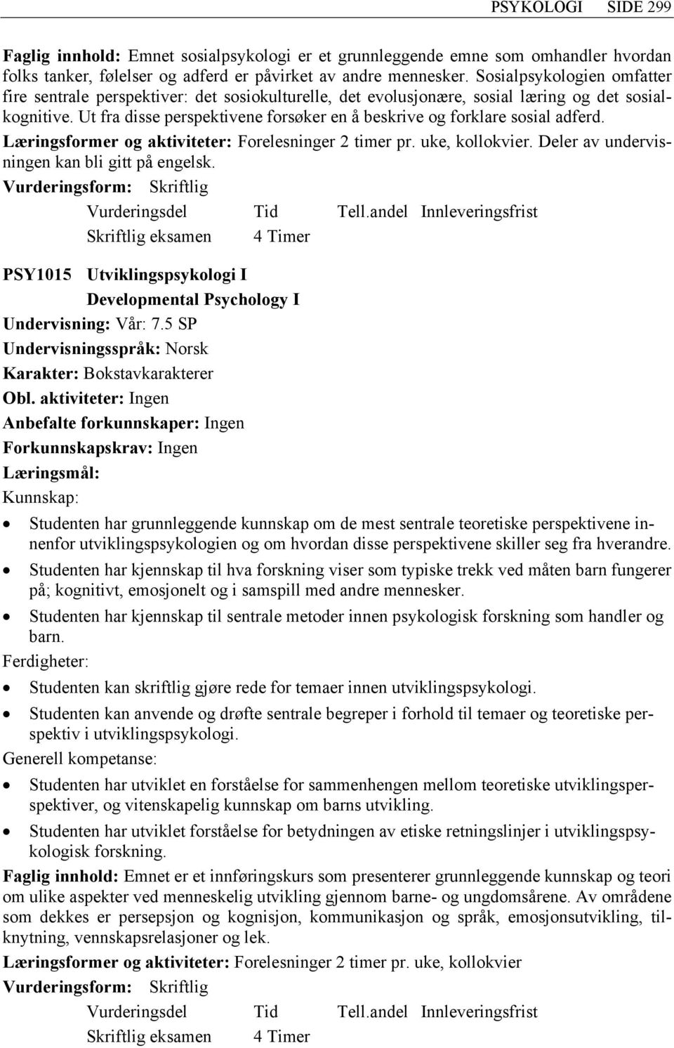 Ut fra disse perspektivene forsøker en å beskrive og forklare sosial adferd. Læringsformer og aktiviteter: Forelesninger 2 timer pr. uke, kollokvier. Deler av undervisningen kan bli gitt på engelsk.