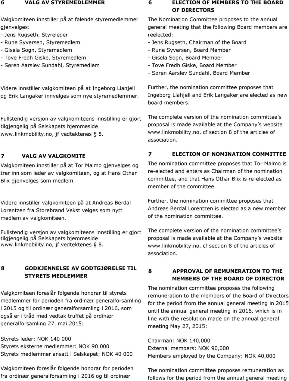 reelected: - Jens Rugseth, Chairman of the Board - Rune Syversen, Board Member - Gisela Sogn, Board Member - Tove Fredh Giske, Board Member - Søren Aarslev Sundahl, Board Member Videre innstiller