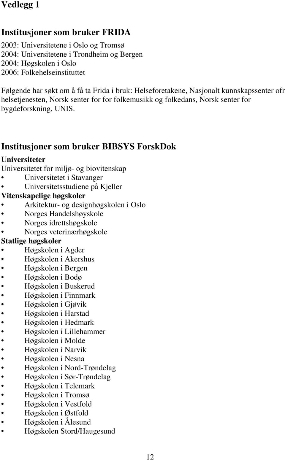 Institusjoner som bruker BIBSYS ForskDok Universiteter Universitetet for miljø- og biovitenskap Universitetet i Stavanger Universitetsstudiene på Kjeller Vitenskapelige høgskoler Arkitektur- og