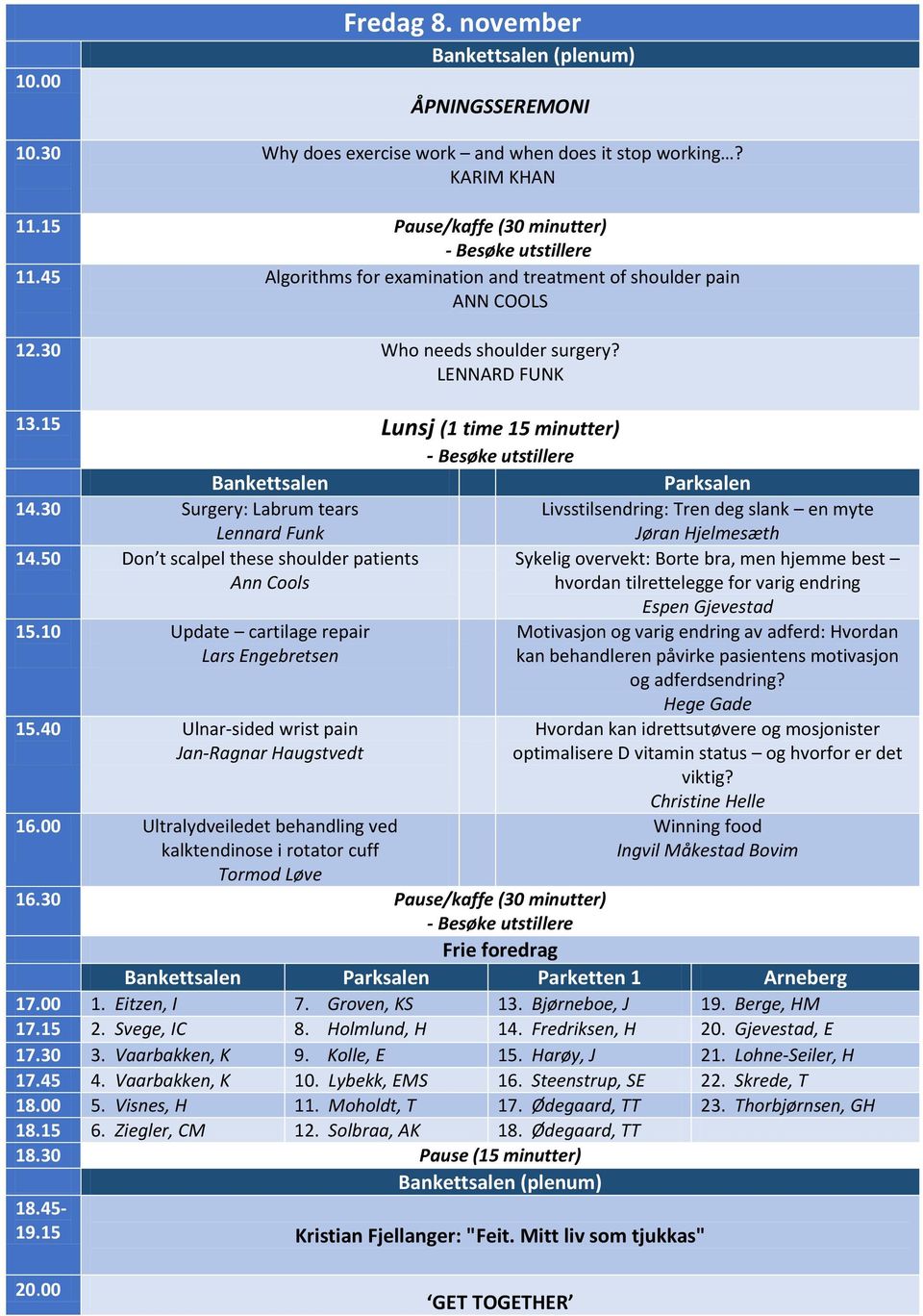 30 Surgery: Labrum tears Lennard Funk Livsstilsendring: Tren deg slank en myte Jøran Hjelmesæth 14.50 Don t scalpel these shoulder patients Ann Cools 15.10 Update cartilage repair Lars Engebretsen 15.