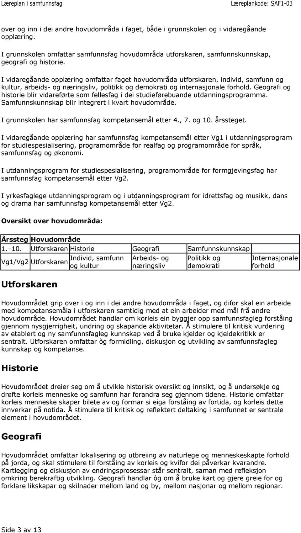 Geografi og historie blir vidareførte som fellesfag i dei studieførebuande utdanningsprogramma. Samfunnskunnskap blir integrert i kvart hovudområde.