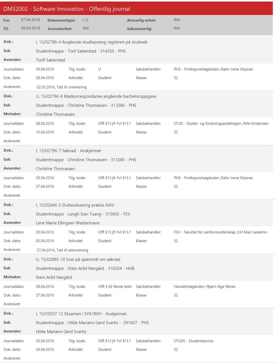 Kristensen Dok. dato: 15.04.2016 Arkivdel: Student I, 15/02796-7 Søknad - Avskjermet Studentmappe - Christine Thomassen - 313380 - PHS Christine Thomassen Dok.