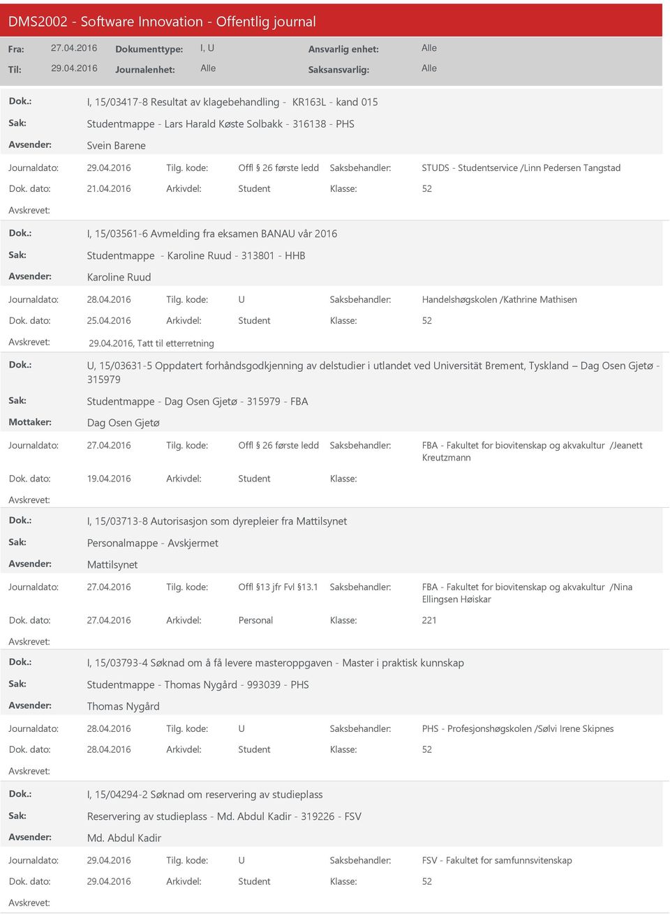 2016 Arkivdel: Student, Tatt til etterretning, 15/031-5 Oppdatert forhåndsgodkjenning av delstudier i utlandet ved niversität Brement, Tyskland Dag Osen Gjetø - 315979 Studentmappe - Dag Osen Gjetø -