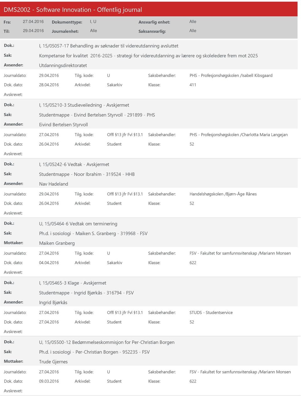 2016 Arkivdel: Sakarkiv 411 I, 15/010-3 Studieveiledning - Avskjermet Studentmappe - Eivind Bertelsen Styrvoll - 291899 - PHS Eivind Bertelsen Styrvoll PHS - Profesjonshøgskolen /Charlotta Maria