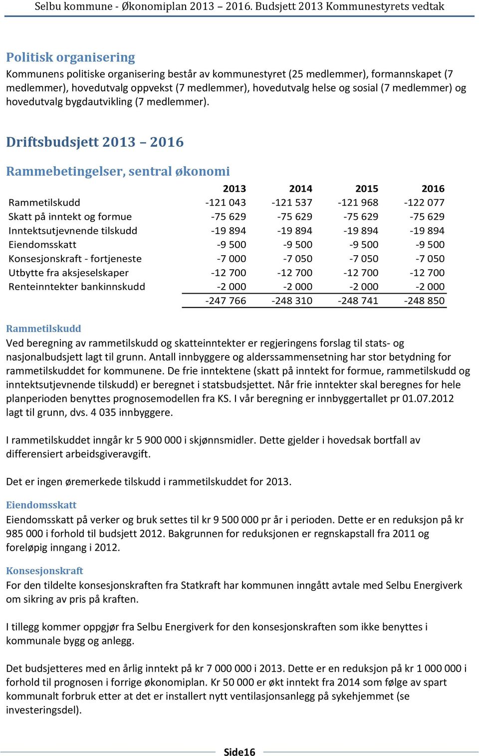 Driftsbudsjett 2013 2016 Rammebetingelser, sentral økonomi 2013 2014 2015 2016 Rammetilskudd -121 043-121 537-121 968-122 077 Skatt på inntekt og formue -75 629-75 629-75 629-75 629