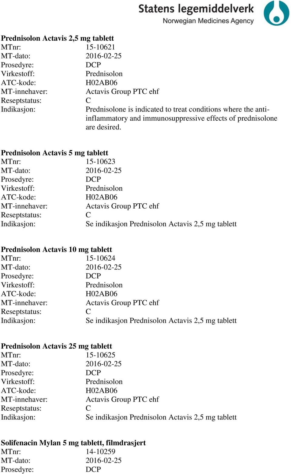 Prednisolon Actavis 5 mg tablett MTnr: 15-10623 MT-dato: 2016-02-25 DP Prednisolon H02AB06 MT-innehaver: Actavis Group PT ehf Se indikasjon Prednisolon Actavis 2,5 mg tablett Prednisolon Actavis 10