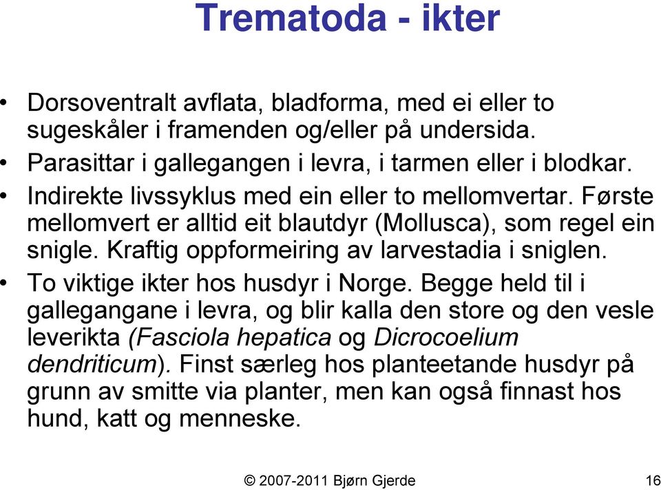 Første mellomvert er alltid eit blautdyr (Mollusca), som regel ein snigle. Kraftig oppformeiring av larvestadia i sniglen. To viktige ikter hos husdyr i Norge.