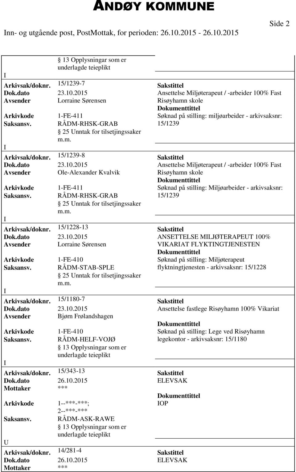 RÅDM-RHSK-GRAB 25 nntak for tilsetjingssaker 15/1239 Arkivsak/doknr. 15/1239-8 Sakstittel Dok.dato 23.10.