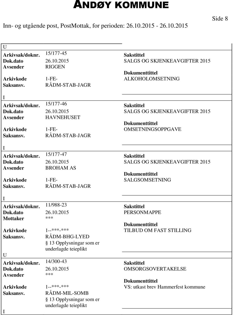 15/177-47 Sakstittel Dok.dato 26.10.2015 SALGS OG SKJENKEAVGFTER 2015 Avsender BROHAM AS Arkivkode 1-FE- SALGSOMSETNNG Saksansv. RÅDM-STAB-JAGR Arkivsak/doknr.