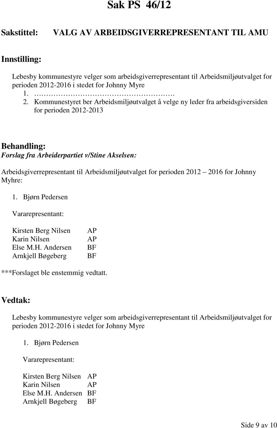 Kommunestyret ber Arbeidsmiljøutvalget å velge ny leder fra arbeidsgiversiden for perioden 2012-2013 Forslag fra Arbeiderpartiet v/stine Akselsen: Arbeidsgiverrepresentant til Arbeidsmiljøutvalget