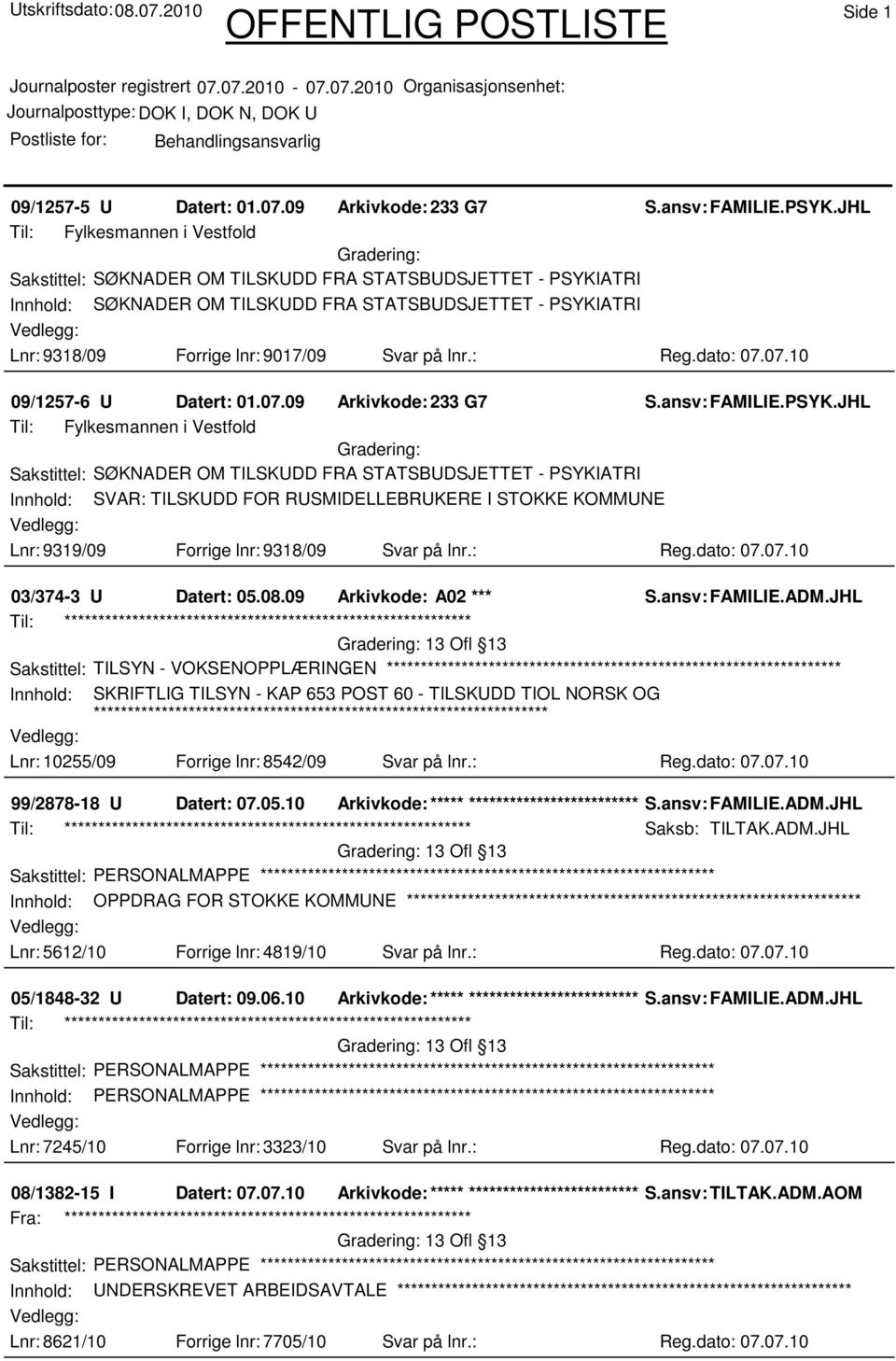 på lnr.: Reg.dato: 07.07.10 09/1257-6 U Datert: 01.07.09 Arkivkode:233 G7 S.ansv: FAMILIE.PSYK.