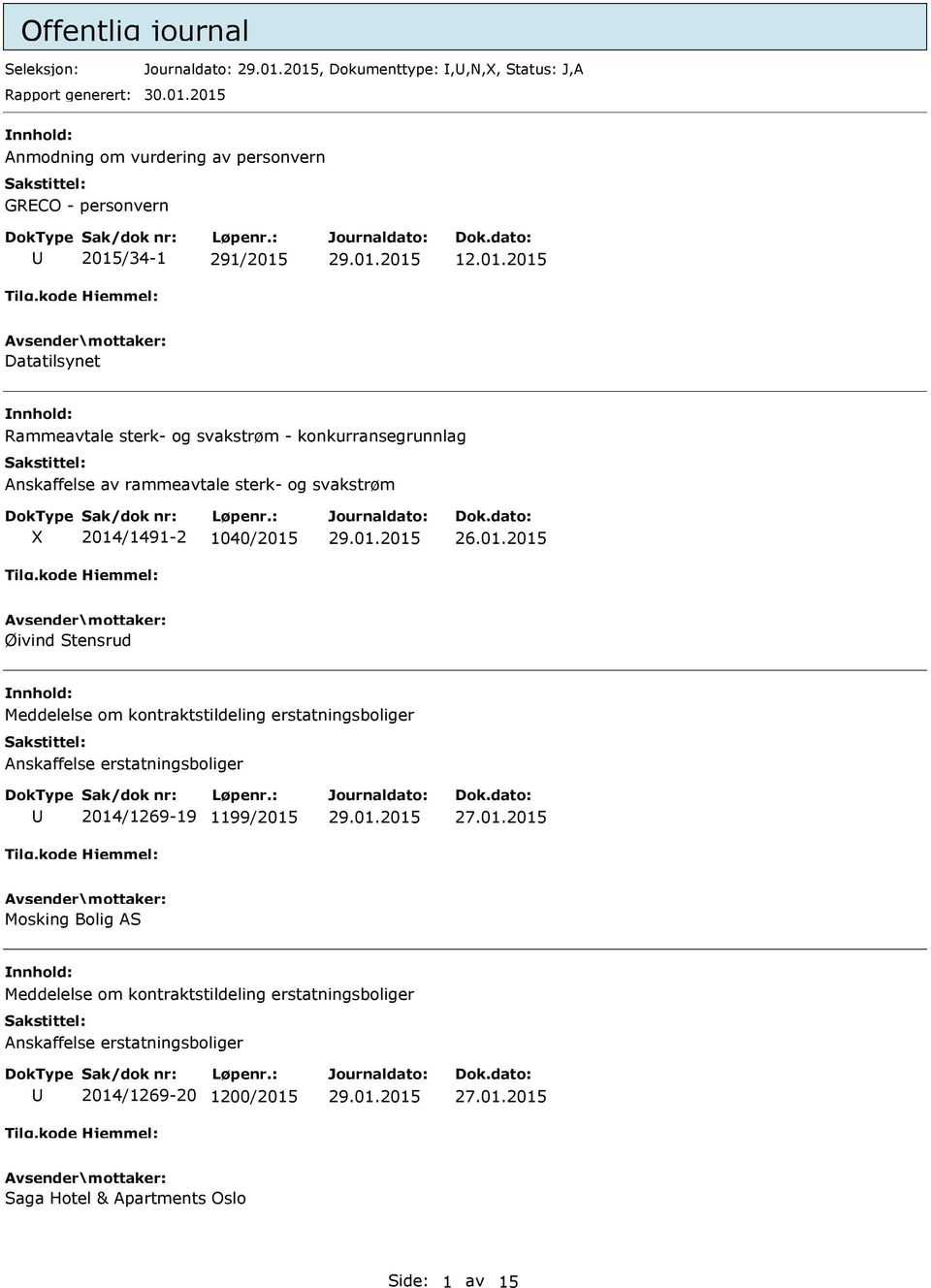 01.2015 Øivind Stensrud Meddelelse om kontraktstildeling erstatningsboliger Anskaffelse erstatningsboliger 2014/1269-19 1199/2015 27.01.2015 Mosking Bolig AS Meddelelse om kontraktstildeling erstatningsboliger Anskaffelse erstatningsboliger 2014/1269-20 1200/2015 27.