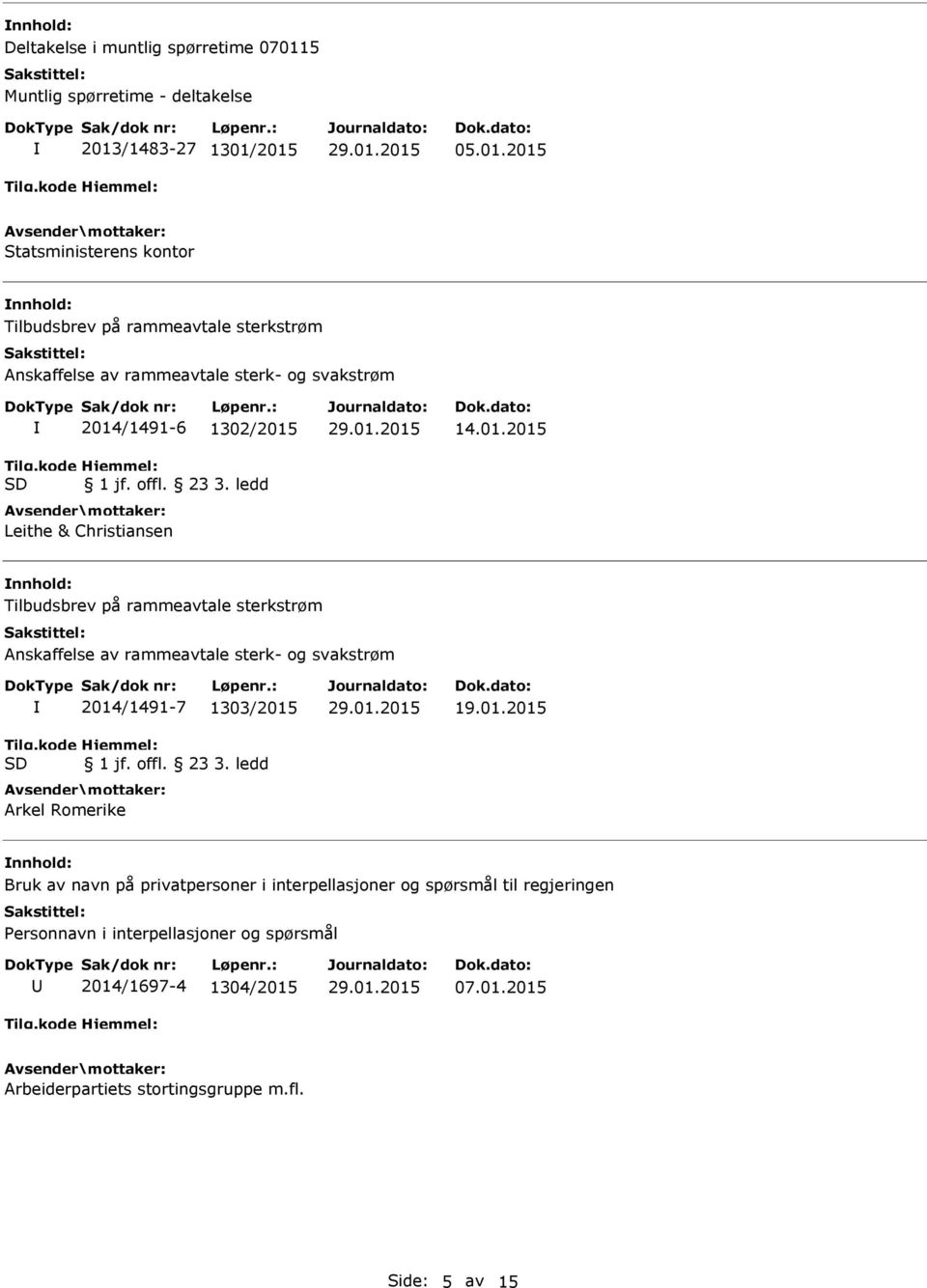 /1483-27 1301/2015 05.01.2015 Statsministerens kontor Tilbudsbrev på rammeavtale sterkstrøm 2014/1491-6 1302/2015 Leithe & Christiansen 14.