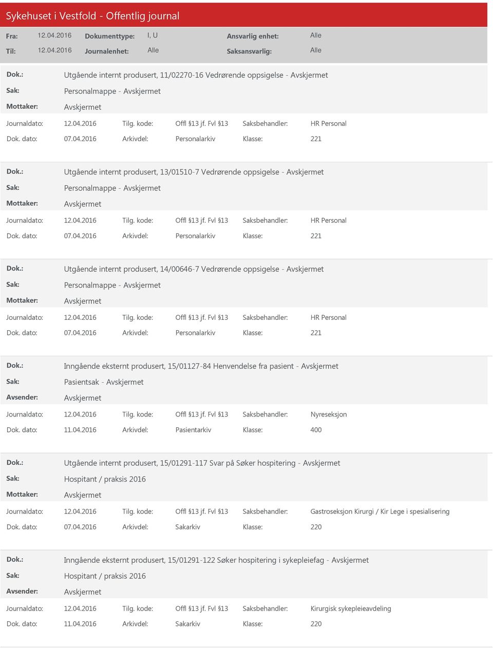 2016 Arkivdel: Personalarkiv tgående internt produsert, 14/00646-7 Vedrørende oppsigelse - Personalmappe - Dok. dato: 07.04.