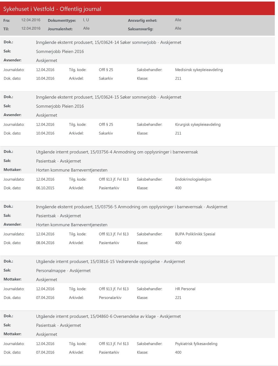 2016 Arkivdel: Sakarkiv tgående internt produsert, 15/03756-4 Anmodning om opplysninger i barnevernsak Pasientsak - Horten kommune Barneverntjenesten Endokrinologiseksjon Dok. dato: 06.10.