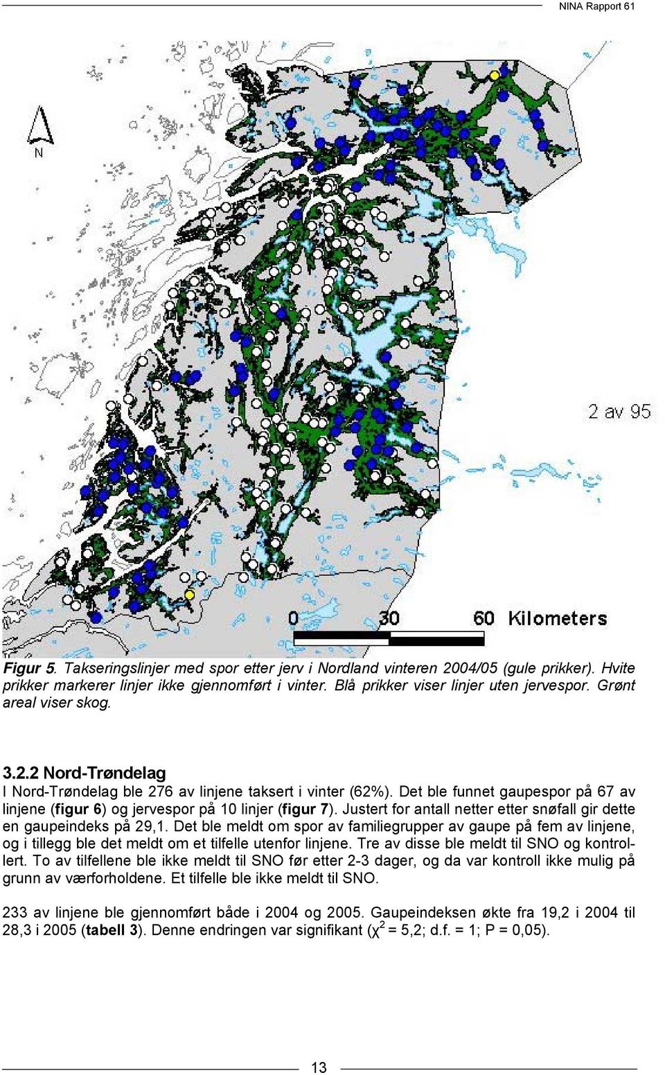 Justert for antall netter etter snøfall gir dette en gaupeindeks på 29,1. Det ble meldt om spor av familiegrupper av gaupe på fem av linjene, og i tillegg ble det meldt om et tilfelle utenfor linjene.