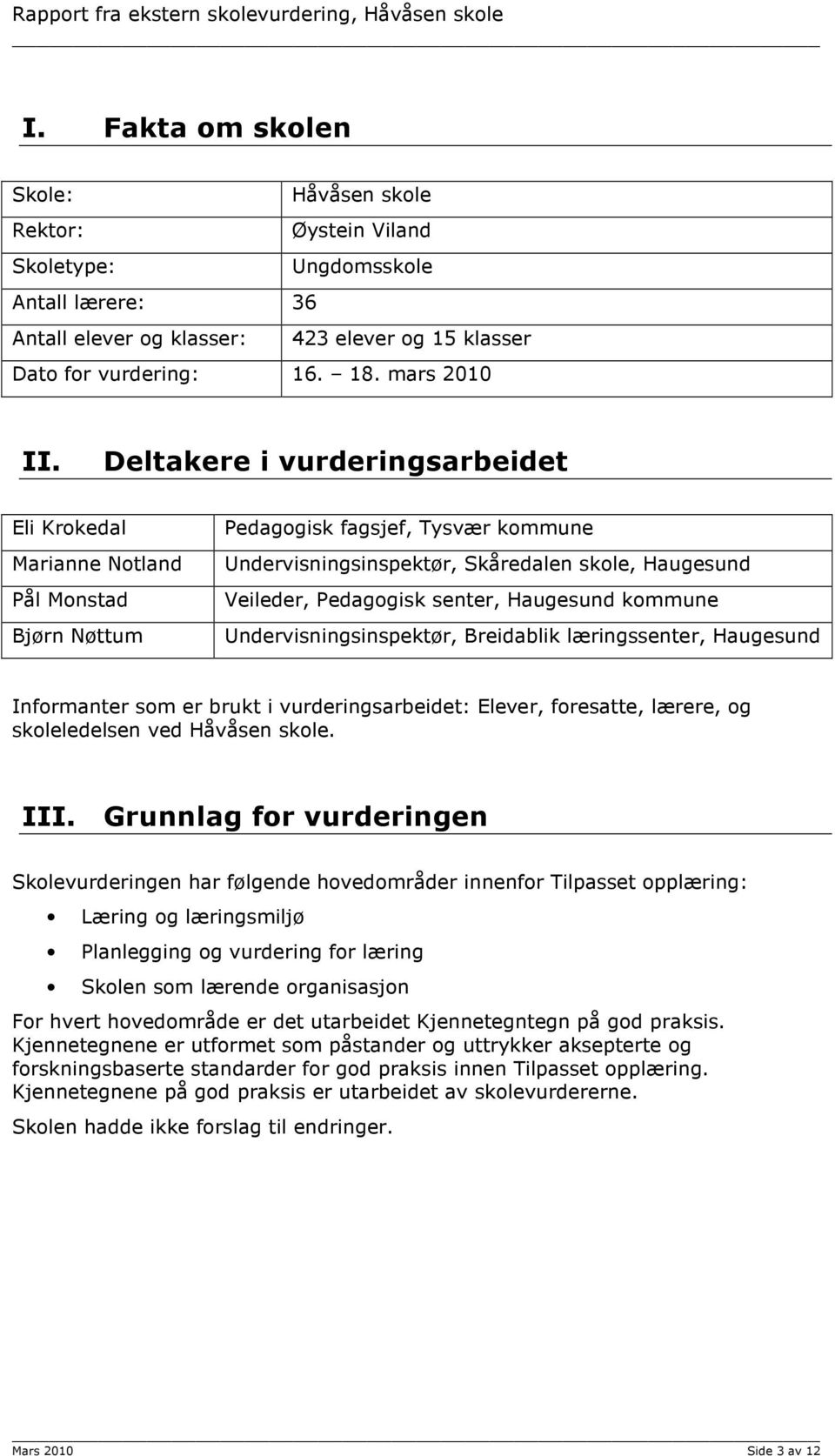 senter, Haugesund kommune Undervisningsinspektør, Breidablik læringssenter, Haugesund Informanter som er brukt i vurderingsarbeidet: Elever, foresatte, lærere, og skoleledelsen ved Håvåsen skole. III.