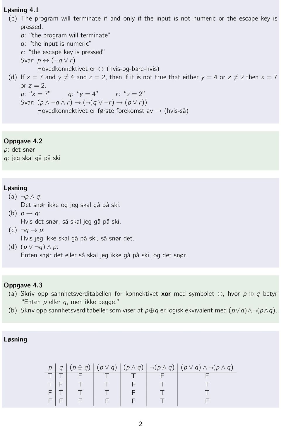 either y = 4 or z 2 then x = 7 or z = 2. p: x = 7 q: y = 4 r: z = 2 Svar: (p q r) ( (q r) (p r)) Hovedkonnektivet er første forekomst av (hvis-så) Oppgave 4.