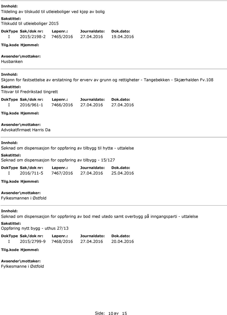 108 Tilsvar til Fredrikstad tingrett 2016/961-1 7466/2016 Advokatfirmaet Harris Da Søknad om dispensasjon for oppføring av tilbygg til hytte - uttalelse Søknad om